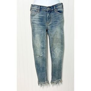 Free People Frayed Hem Distressed Mid Rise Skinny‎ Jeans Blue Stonewash Size 24